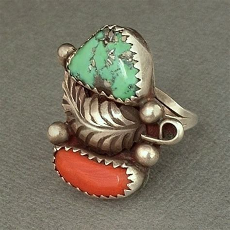 TOMMY SINGER Vintage Native American Navajo RING Turquoise Coral