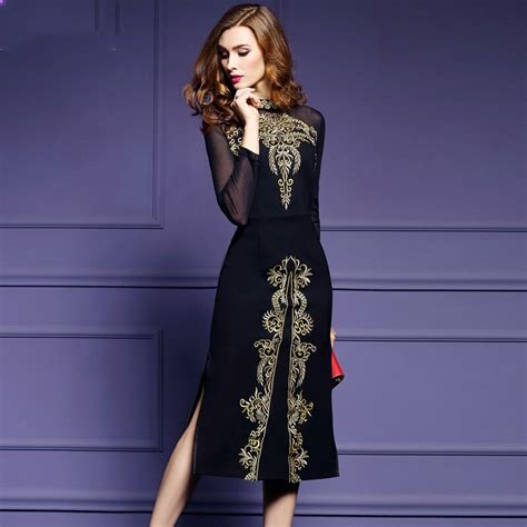 New Female Long Sleeve Embroidery Gauze Dress Women S Fashion Slim Medium Long Sexy Placketing