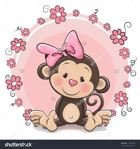 Greeting Card Cute Cartoon Monkey Girl With Flowers Стоковая векторная