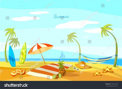 Summer Beach Cartoon Towel Umbrella Starfish Vector De Stock Libre De
