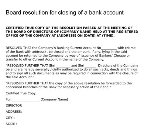 Board Resolution For Closing Of A Bank Account Board Resolutions