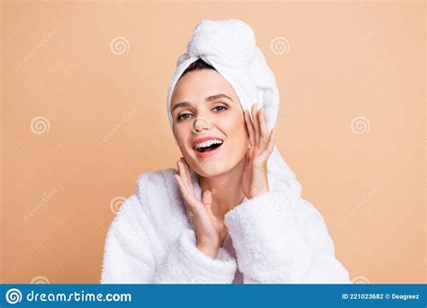 Portrait Of Charming Cheerful Dreamy Girl Wear Bathrobe Touching Soft
