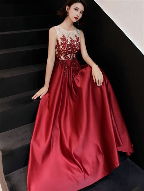 Burgundy Satin And Lace Long Party Dress Prom Dresses Party Dress