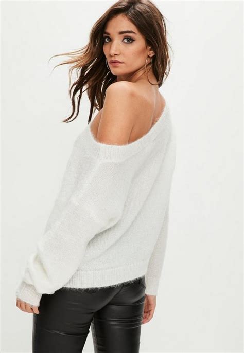 White Fluffy Bardot Sweater Missguided