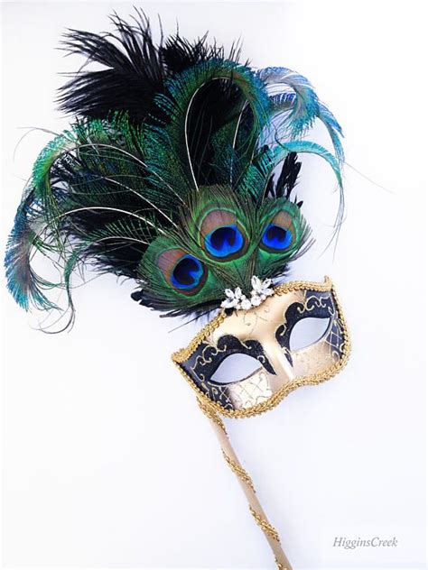 Women Masquerade Mask Gold Feather Mask On Stick Feather Etsy Masks