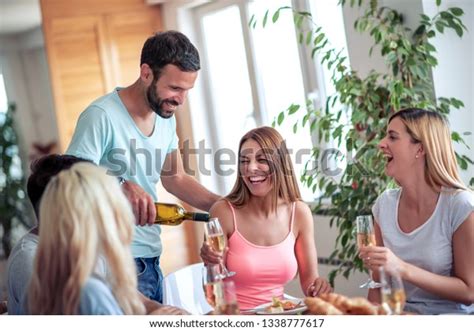 Group Friends Have Lunch Together Home Stock Photo 1338777617