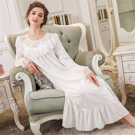 2019 Victorian Wedding Dress For Women Spring Sleepwear Long Sleeve Pink Lace Nightgown Cotton