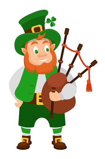 Funny Irish Fantastic Character Leprechaun Smiling Holding Of Bagpipe