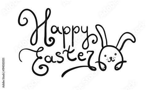 Black Handwritten Happy Easter Logotype With Cute Rabbit Funny Comic