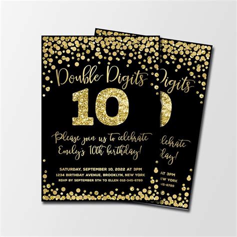 Double Digits Birthday Invitation Gold And Black Th Birthday Confetti