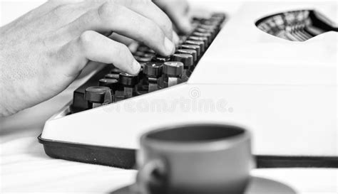 Old Typewriter And Authors Hands Male Hands Type Story Or Report Using