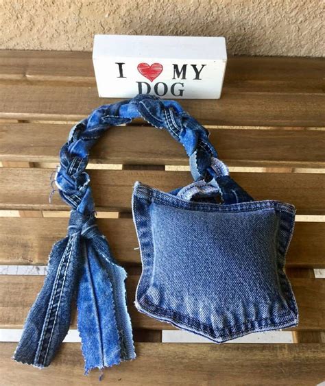 Handmade Recycled Denim Jean Dog Tug Toy With Squeaker By Missyodesign