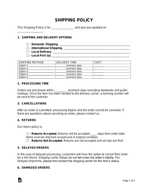 Free Shipping Policy Template And Generator Pdf Word Eforms