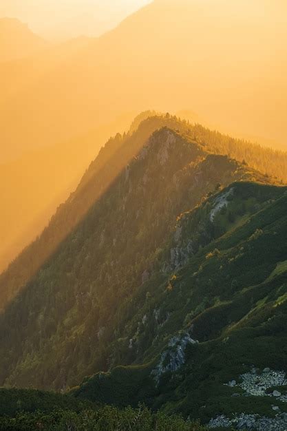 Premium Photo Majestic Golden Sunset With Sunny Beams In Big Mountain