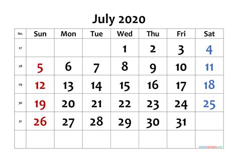 Free Printable July 2020 Calendar 6 Templates
