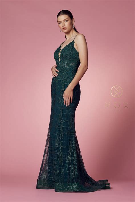 N R282 1 Glitter Print Fit And Flare Prom Gown With Beaded Lace Embellished Sheer Bodice And Open