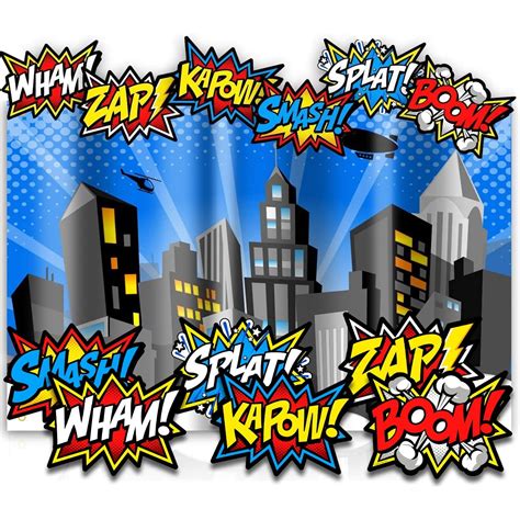 Superhero Party Supplies Vibrant City Backdrop With 6 Super Hero Sign