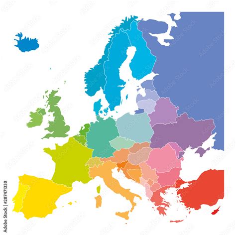 Set Of Colorful Maps Of Europe With Countries On Whit