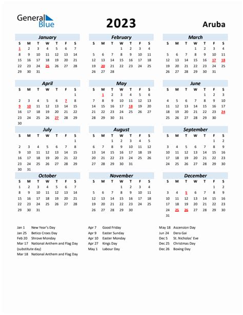 2023 Aruba Calendar With Holidays