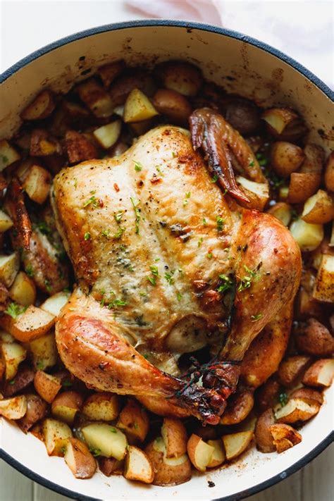 Every time i make a whole chicken, i always wonder why i haven't done it sooner or more often, the chicken is moist, the house smells delicious, and how to roast a chicken in a dutch oven. Whole Roast Chicken With Potatoes