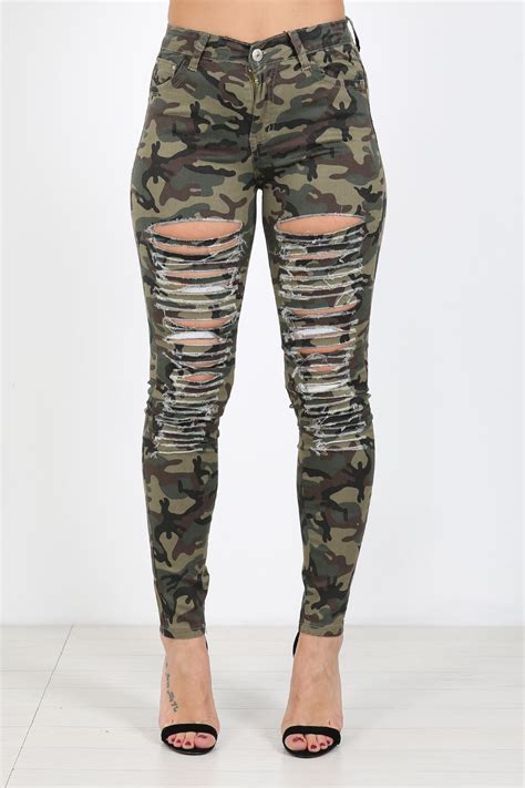 ladies womens camouflage ripped knee skinny jeans faded slim fit camo denim ebay