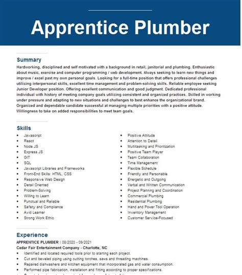 Apprentice Plumber Objectives Resume Objective