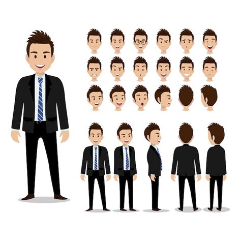 Businessman Cartoon Character Set Of Four Poses Handsome Business Man