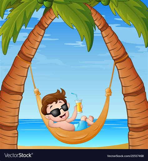 Cartoon Little Boy Relaxing On Hammock Beach Vector Image