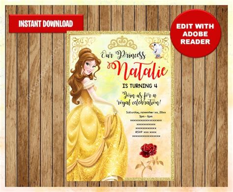 Princess Belle Party Invitation Beauty And The Beast Etsy