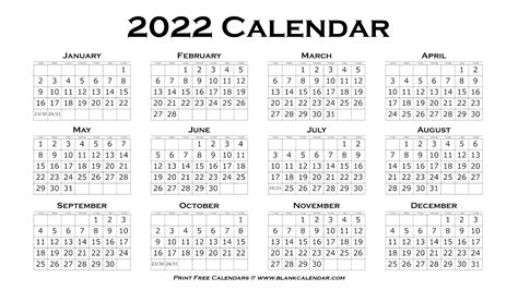 Printable 2022 Calendar Full Year Blank Calendar