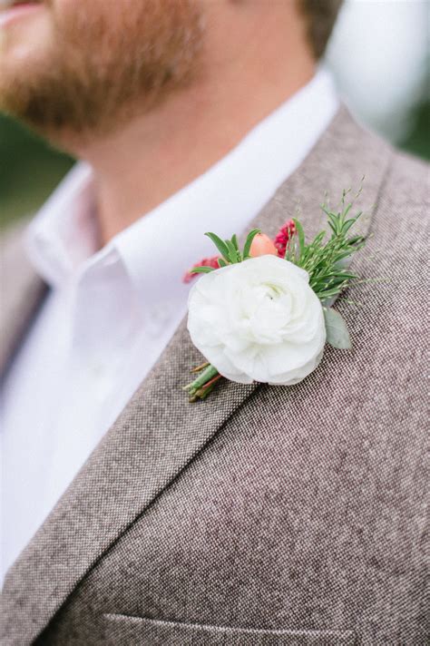 Grooms Boutonniere White Ranunculus Greenery