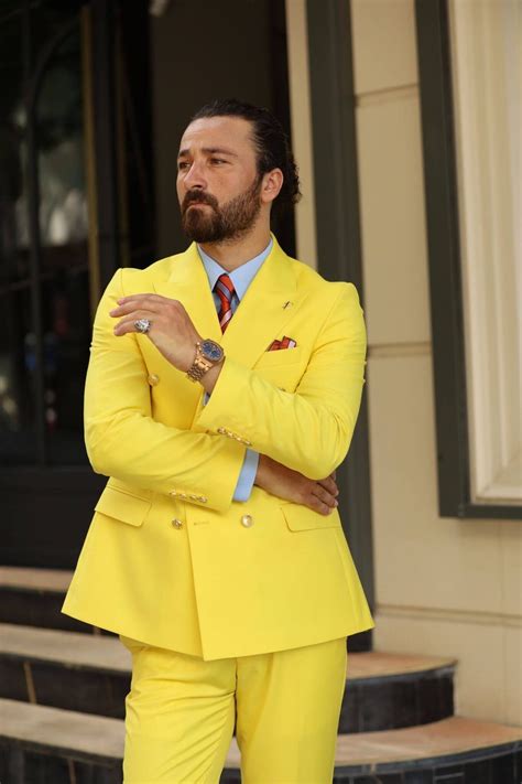 Features A Slim Fit Yellow Double Breasted Suit From Hollomen Spring Summer 22 Collection Suit