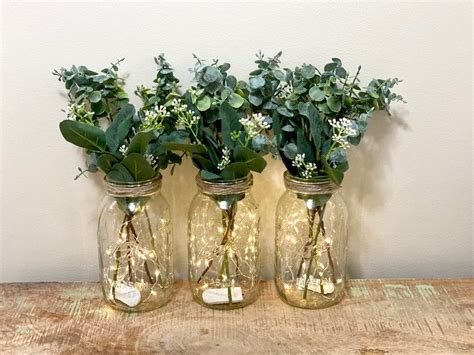 Mason Jars With Fairy Lights Wedding Centerpiece Table Etsy Mason