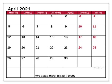 Kalender/almanacka för 2021 online med helgdagar, händelser m.m. Kalender "502MZ" April 2021 om af te drukken - Michel ...