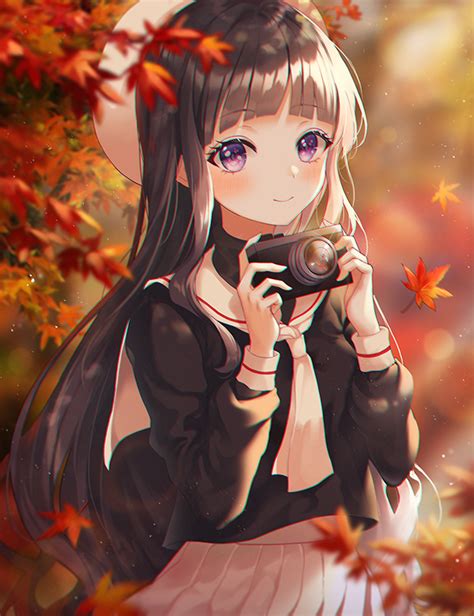 Safebooru 1girl Autumn Autumn Leaves Bangs Black Shirt Blunt Bangs Blurry Blurry Foreground