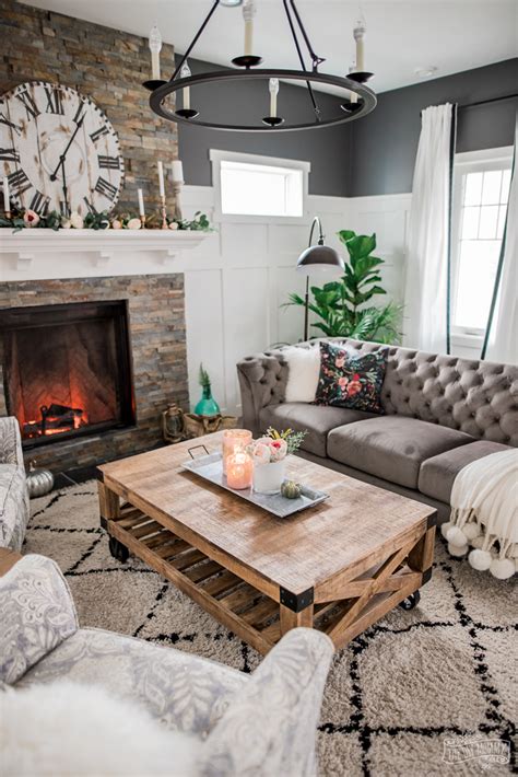 Grey and burgundy living room ideas. A Cozy, Rustic Glam Living Room Makeover for Fall | The ...