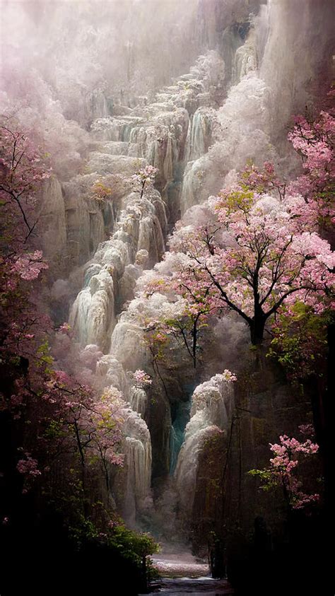 Cascading Waterfalls And Cherry Blossoms Ii Photograph By Athena