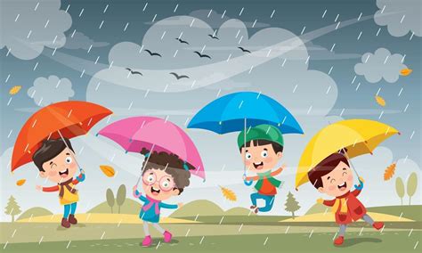 Niños Usando Paraguas Bajo La Lluvia 2831809 Vector En Vecteezy