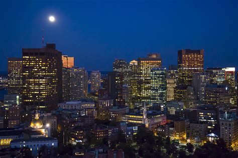 Boston Skyline At Night With Full Moon Photograph By Dave Cleaveland