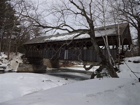 Snowycene Bare Trees Frozen River Winter Covered Bridge Winter Covered