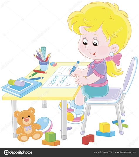 Little Girl Doing Her Homework Exercise Book Samples Writing Vector