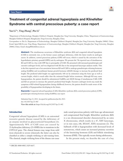 pdf treatment of congenital adrenal hyperplasia and klinefelter syndrome with central