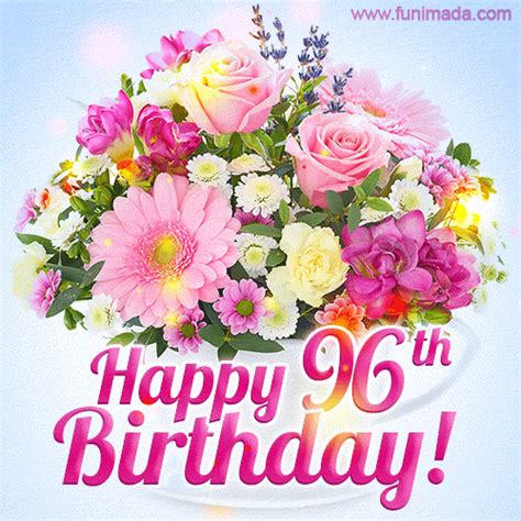 Happy 96th Birthday Greeting Card Beautiful Flowers And Flashing