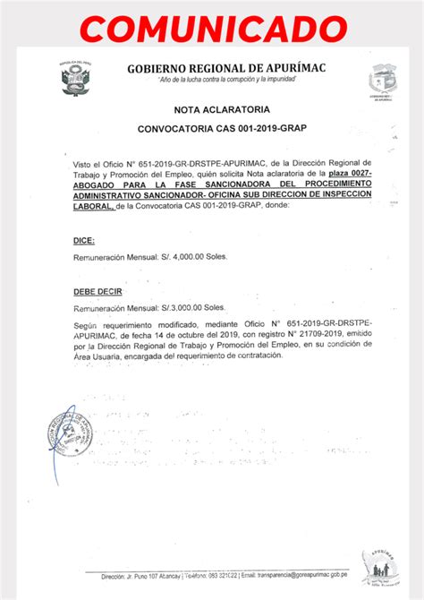 Nota Aclaratoria Gobierno Regional De Apurímac Allin Kawsanapaq 2019