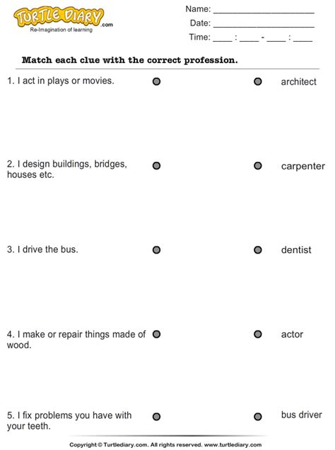 The worksheets you will find in these sections include explanations and examples of the three aspects (simple, progressive, and perfect) of the past, present, and future english tenses. Matching Clue with Occupation Worksheet - Turtle Diary