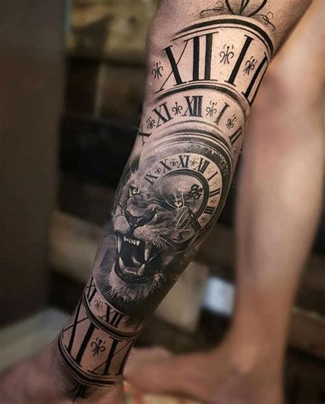 A Man S Arm With A Clock Tattoo On It And A Lion In The Middle