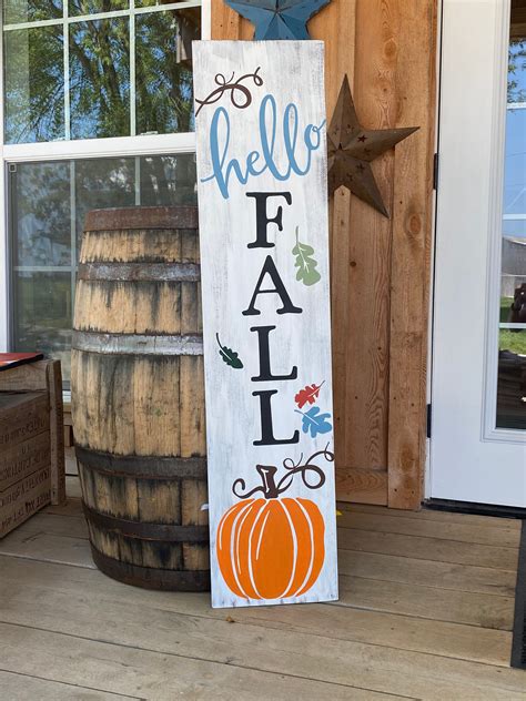 Hello Fall Porch Sign Fall Pumpkin Porch Sign Vertical Wood Etsy