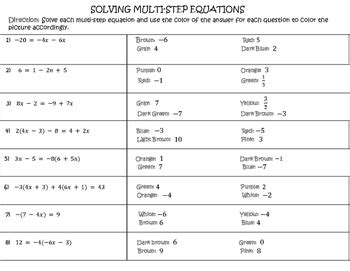 Students will solve two step equations. Solving Multi-Step Equations: Coloring Activity by ...