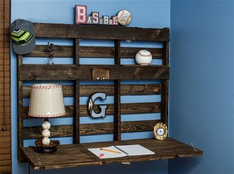 Convertible table and shelf in one hydraulic folding hardware mechanism with leg. DIY Pallet Wall Folding Desk | Pallet Furniture Plans