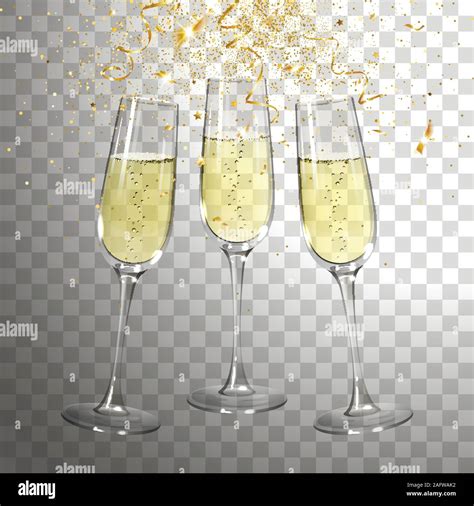 Festive Champagne Glasses And Golden Confetti On Transparent Background
